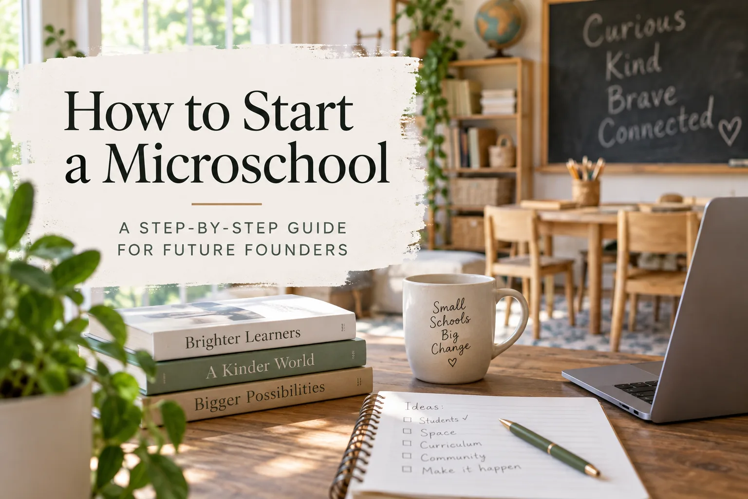 Warm, sunlit microschool classroom with books, plants, a laptop and planning notebook, featuring the title “How to Start a Microschool: A Step-by-Step Guide for Future Founders.”