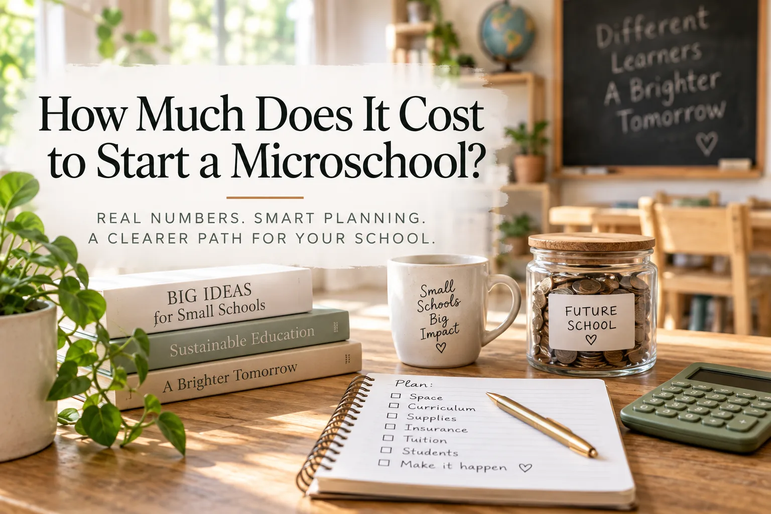 Warm, sunlit microschool classroom workspace with books, a calculator, planning notebook and savings jar, featuring the title “How Much Does It Cost to Start a Microschool?”